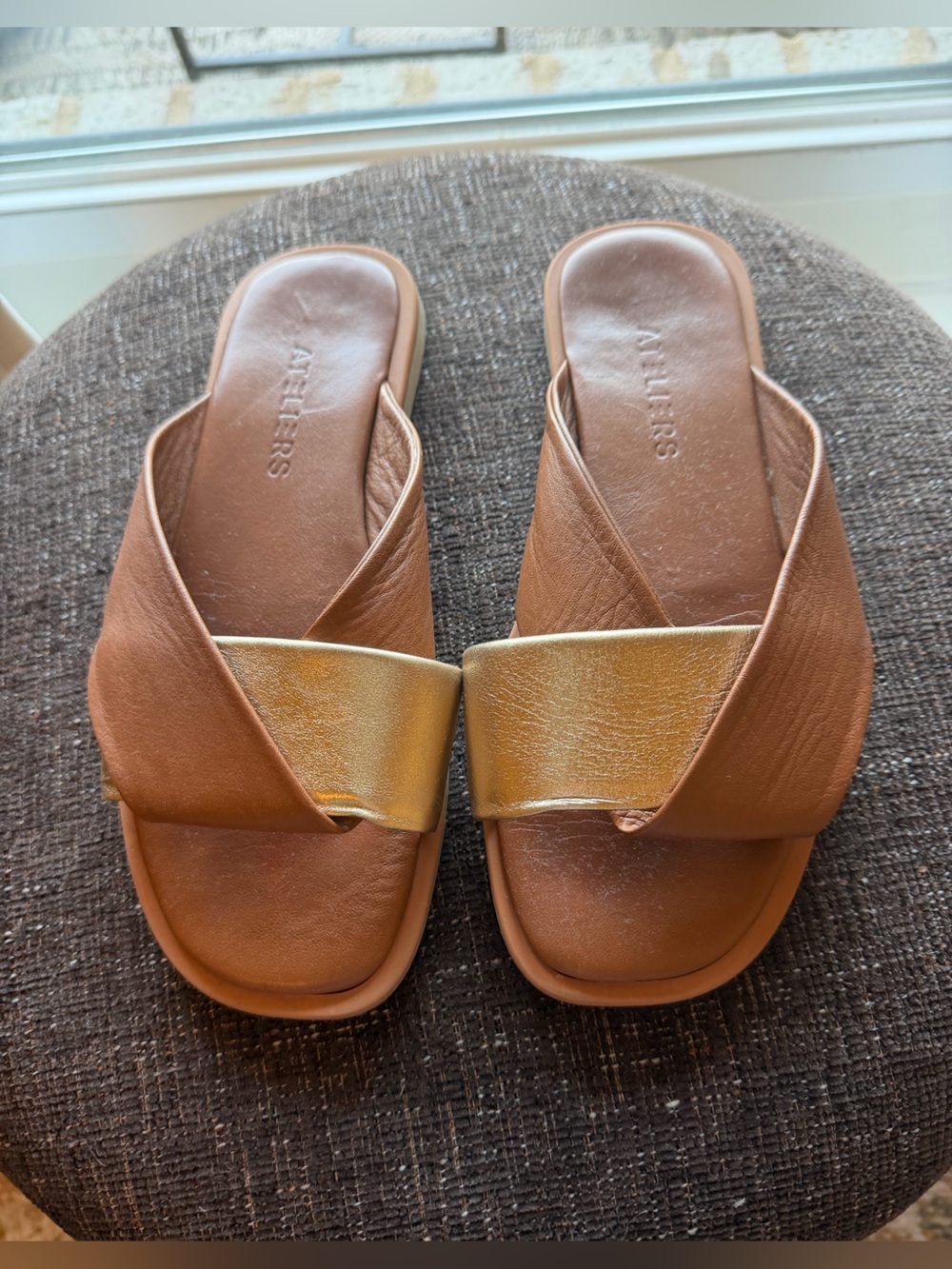 Women’s Brown and Gold Cross-Strap Slide Sandals